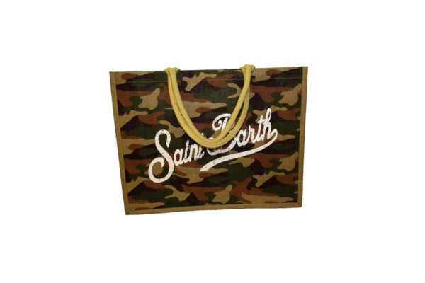 Natural Jute Shopping Bag - Green/Beige Pattern with Handle