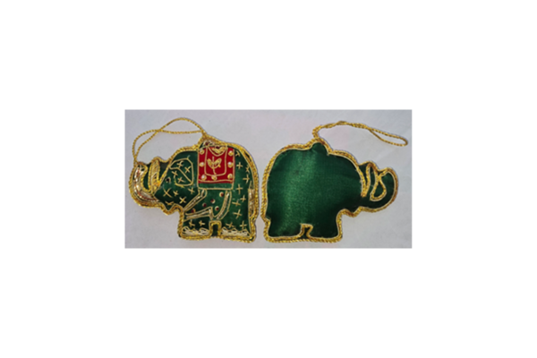 Hand Embroidery Elephant Beaded Padded with Satin Covering GREEN/GOLD