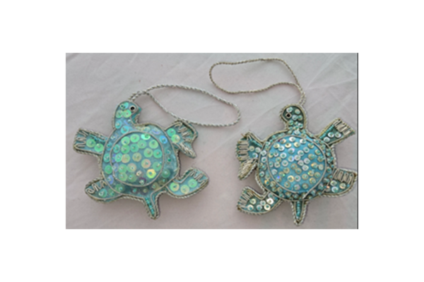 Hand Embroidery Tortoise Beaded Padded with Satin Covering TURQUISE/SILVER