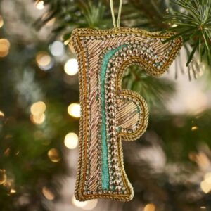 Christmas Decoration - Zari Style Embellished cool green personal alphabet letter F