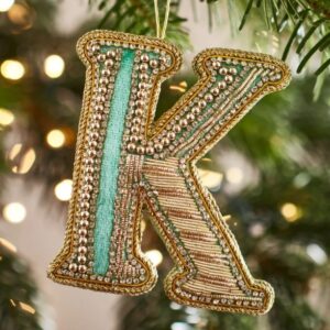 Christmas Decoration - Zari Style Embellished cool green personal alphabet letter K