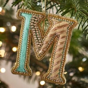 Christmas Decoration - Zari Style Embellished cool green personal alphabet letter M