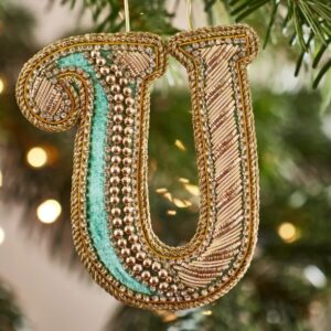 Christmas Decoration - Zari Style Embellished cool green personal alphabet letter U