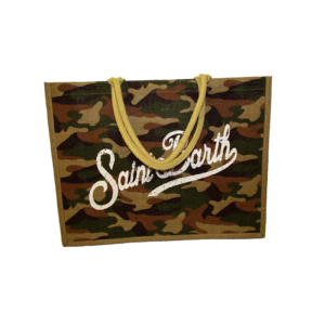 Natural Jute Shopping Bag - Green/Beige Pattern with Handle