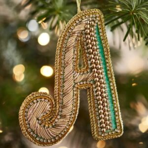 Christmas Decoration - Zari Style Embellished cool green personal alphabet letter A
