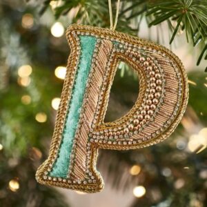 Christmas Decoration - Zari Style Embellished cool green personal alphabet letter P