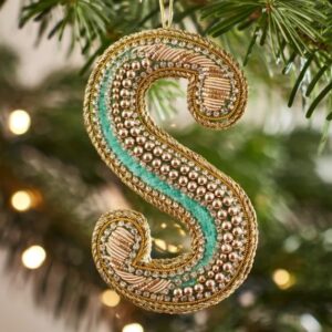 Christmas Decoration - Zari Style Embellished cool green personal alphabet letter S