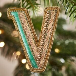 Christmas Decoration - Zari Style Embellished cool green personal alphabet letter V