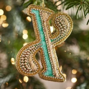 Christmas Decoration - Zari Style Embellished cool green personal alphabet letter X
