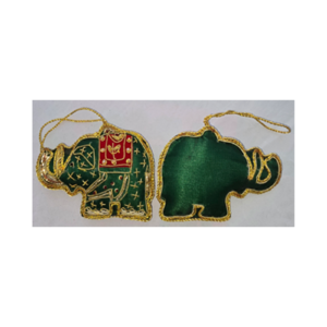 Hand Embroidery Elephant Beaded Padded with Satin Covering GREEN/GOLD
